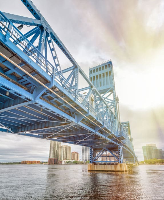 Depicts the John T. Alsop Jr. Bridge in Jacksonville, FL.